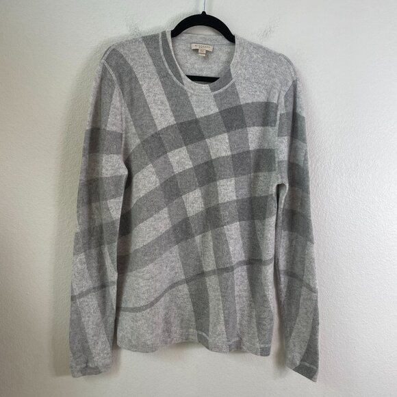 Burberry Brit Mens Large Gray Checkered 100% Cashmere Sweater Slim Fit Knit Top - Picture 1 of 8
